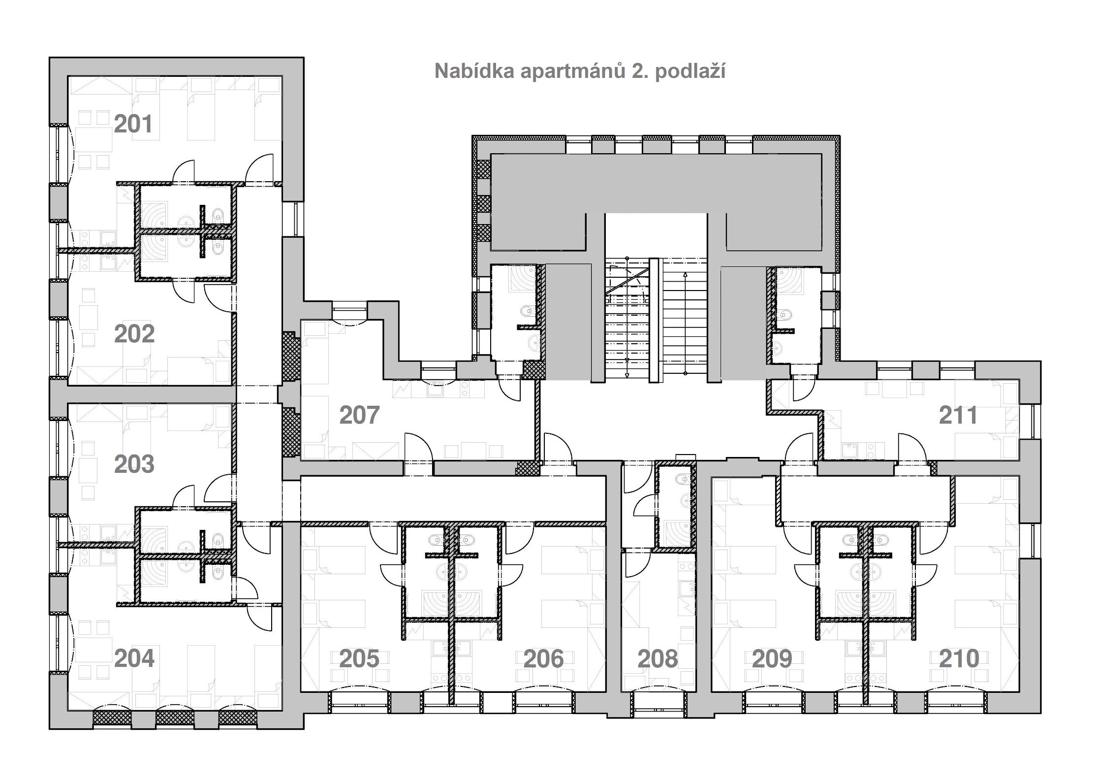 2. podlaží - půdorys apartmánů